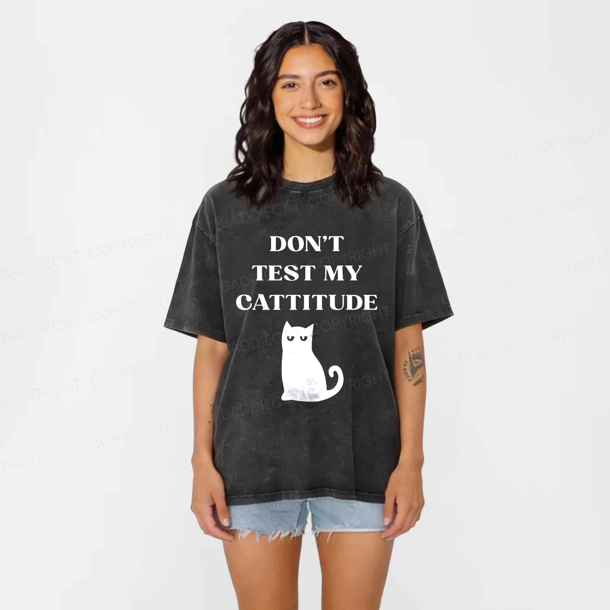 Baddiecat DON'T TEST MY CATTITUDE Washed T-shirt