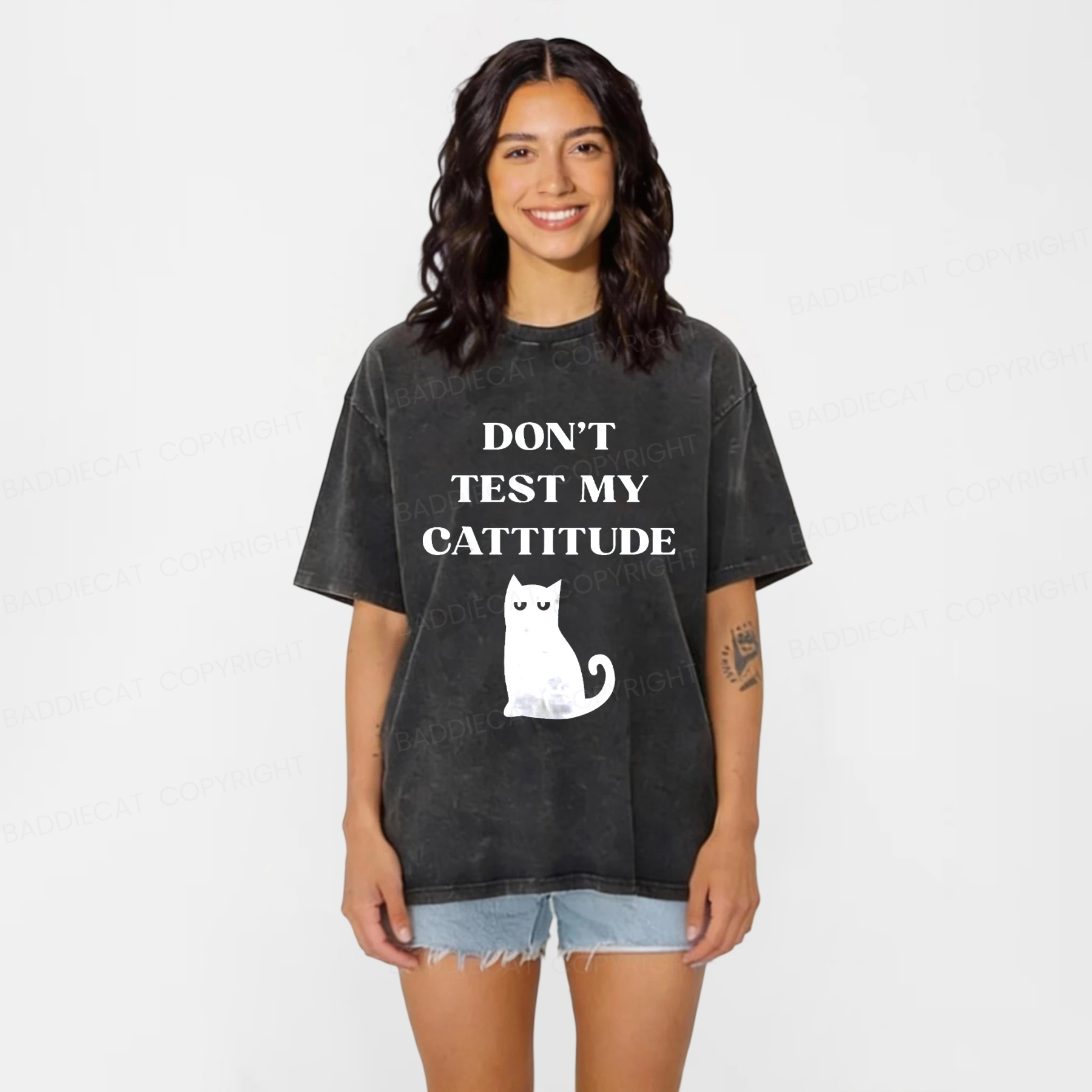 Baddiecat DON'T TEST MY CATTITUDE Washed T-shirt