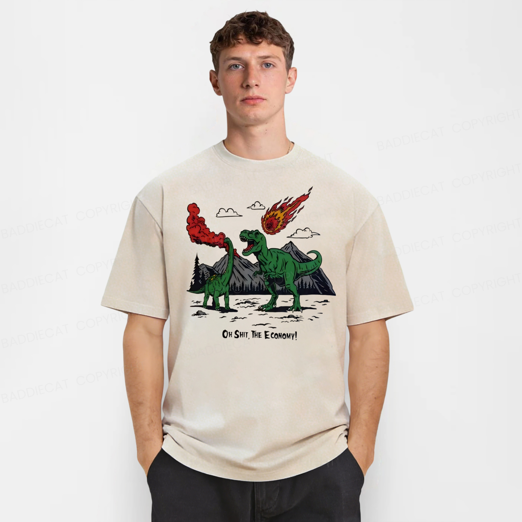 Baddiecat Funny Dinosaur Economy Washed T-shirt