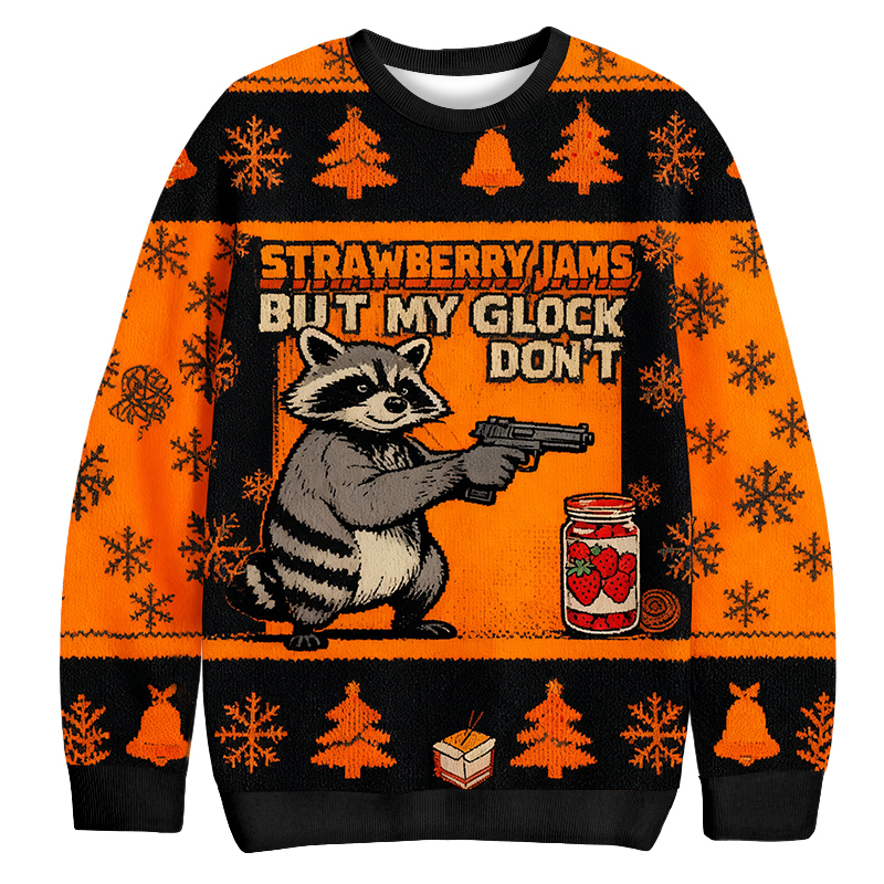 Baddiecat Strawberry Jams Glock Funny Raccoon Christmas Ugly Sweatshirt