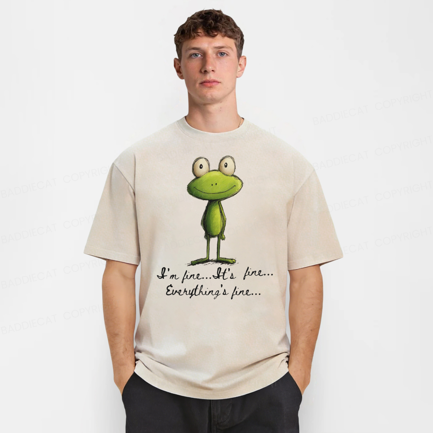 Baddiecat I'm Fine Funny Frog Washed T-shirt