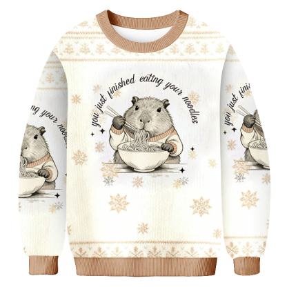 Baddiecat Capybara Eating Noodles Christmas Ugly Sweatshirt