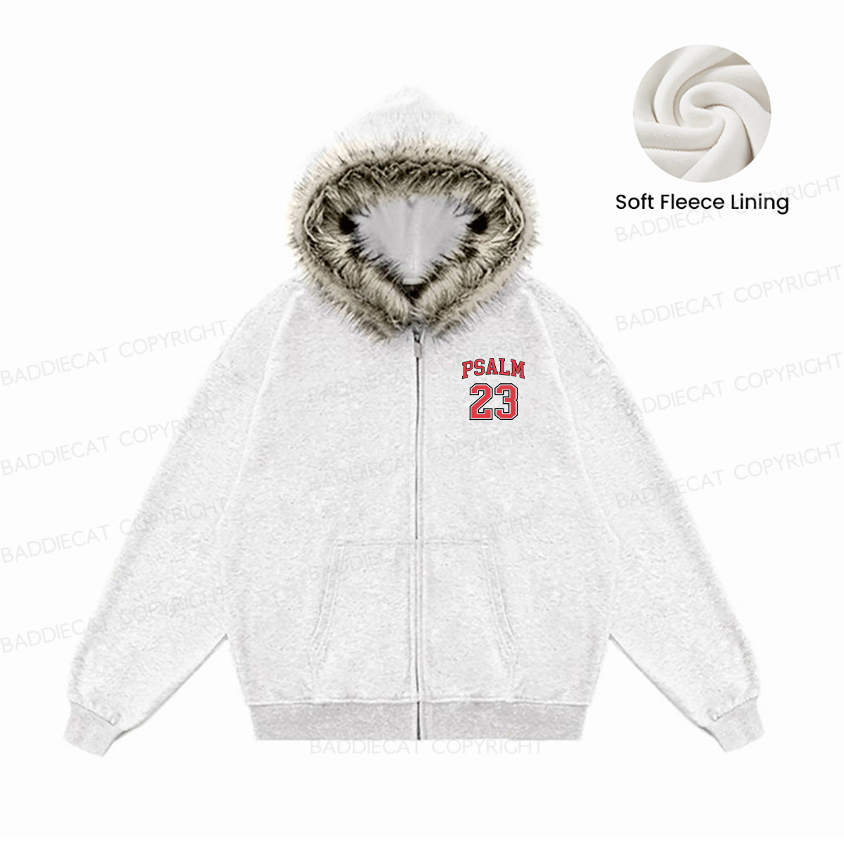 Baddiecat Psalm 23 Christian Faux Fur Collar Fleece Jacket