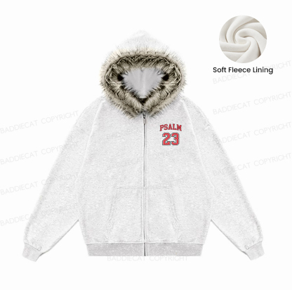 Baddiecat Psalm 23 Christian Faux Fur Collar Fleece Jacket