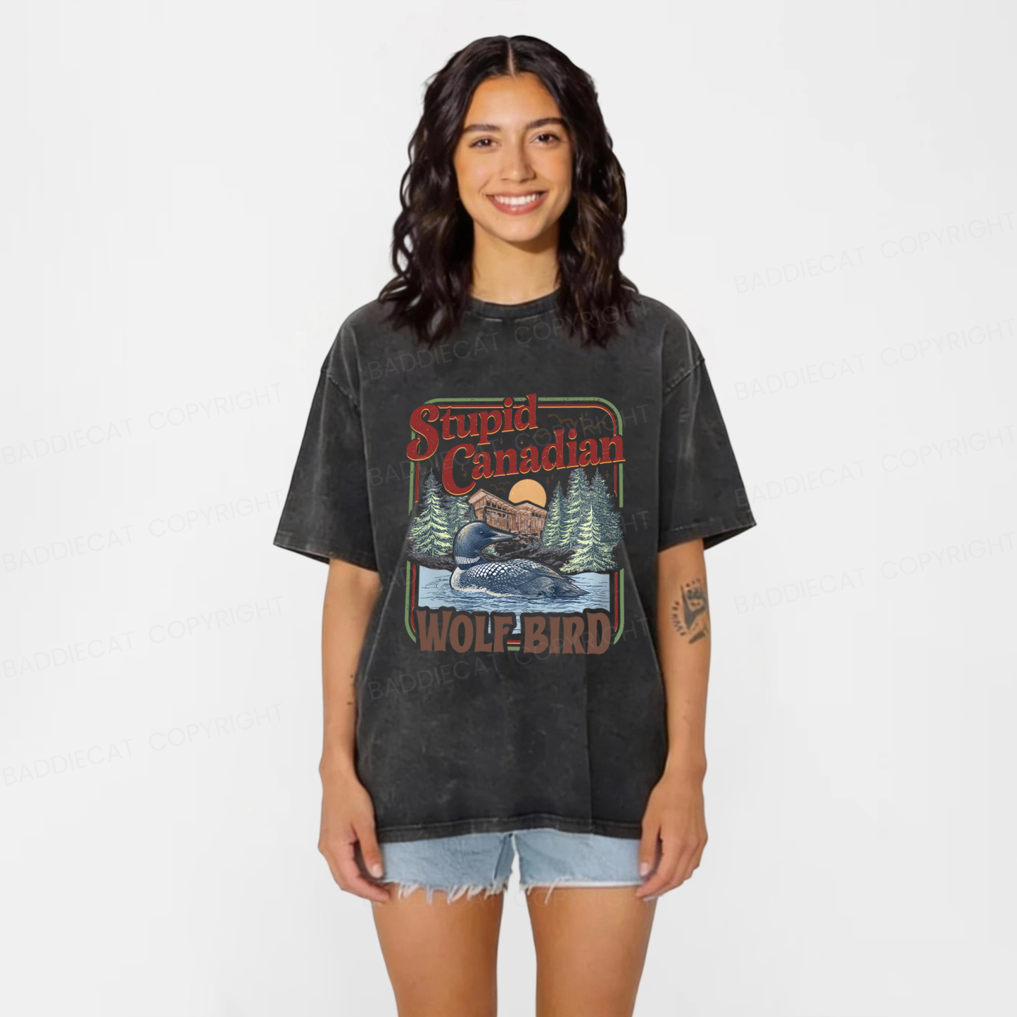 Baddiecat Stupid Canadian Wolf Bird Washed T-shirt