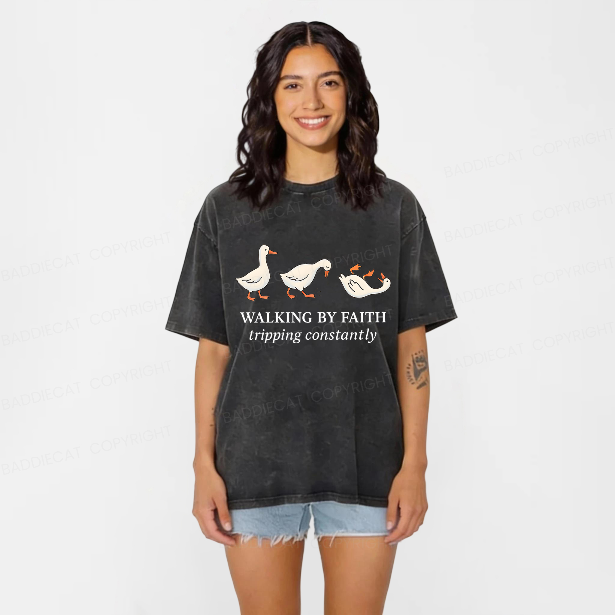 Baddiecat Walking by Faith Tripping Constantly Inspirational Washed T-shirt
