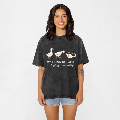 Baddiecat Walking by Faith Tripping Constantly Inspirational Washed T-shirt