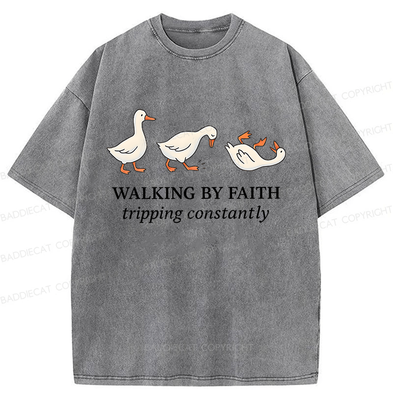 Baddiecat Walking by Faith Tripping Constantly Inspirational Washed T-shirt