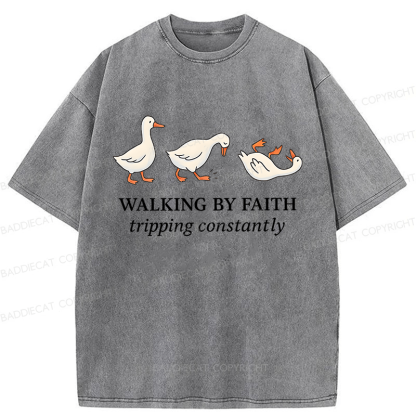 Baddiecat Walking by Faith Tripping Constantly Inspirational Washed T-shirt