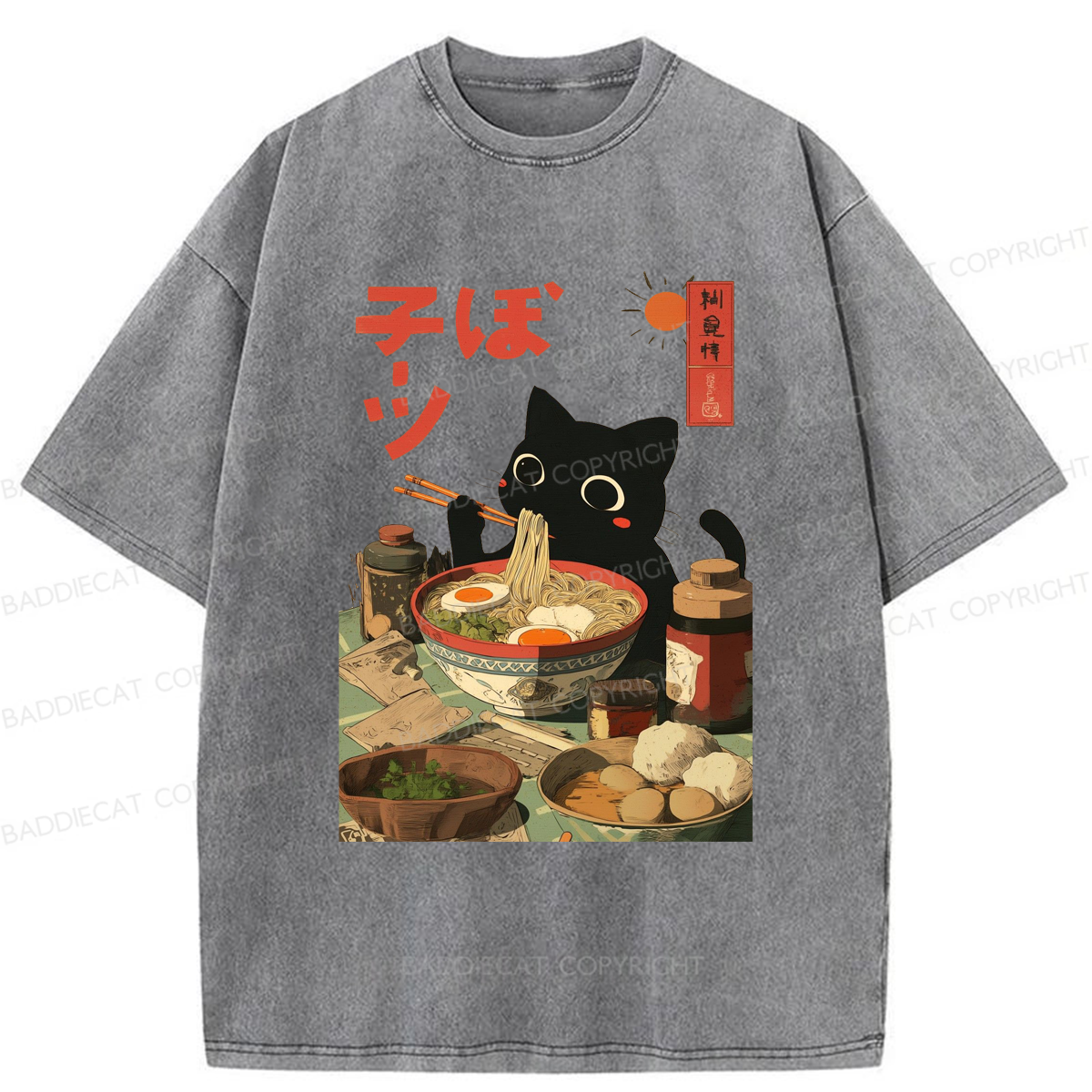 Baddiecat Japanese Black Cat Ramen Washed T-shirt