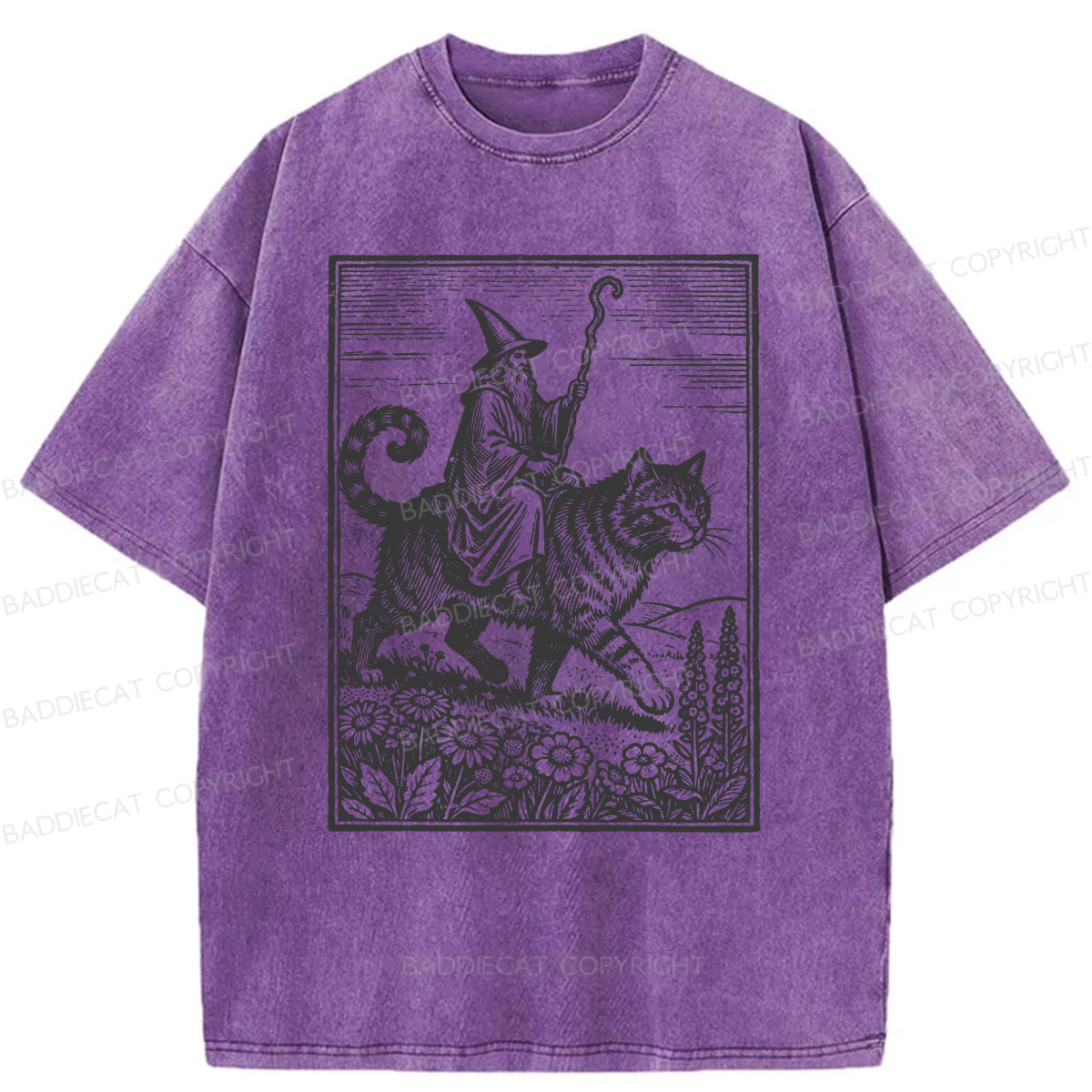 Baddiecat Funny Wizard Cat Rider Washed T-shirt
