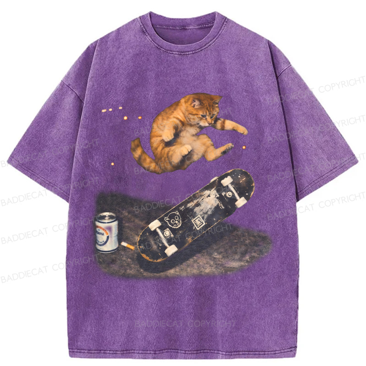 Baddiecat Skateboarding Cat Washed T-shirt
