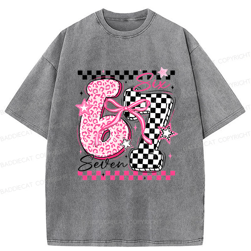 Baddiecat Y2K Groovy Pink Cheetah Checkerboard Six Seven Washed T-shirt