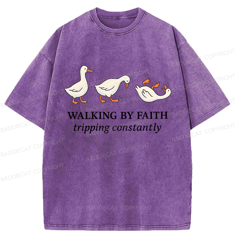 Baddiecat Walking by Faith Tripping Constantly Inspirational Washed T-shirt