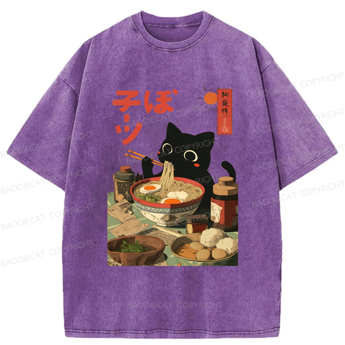 Baddiecat Japanese Black Cat Ramen Washed T-shirt