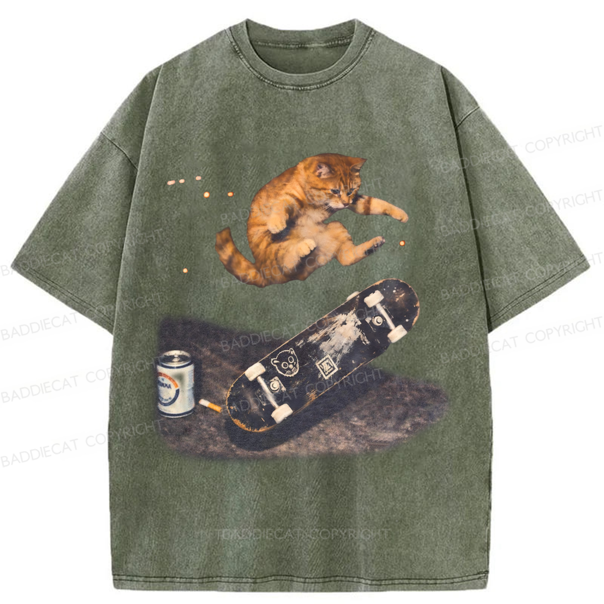 Baddiecat Skateboarding Cat Washed T-shirt