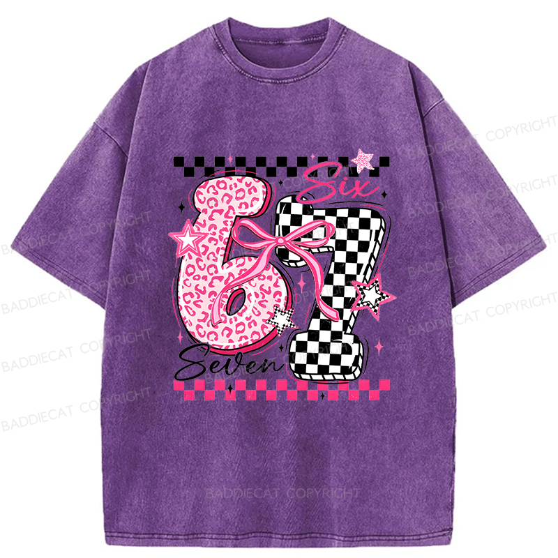 Baddiecat Y2K Groovy Pink Cheetah Checkerboard Six Seven Washed T-shirt