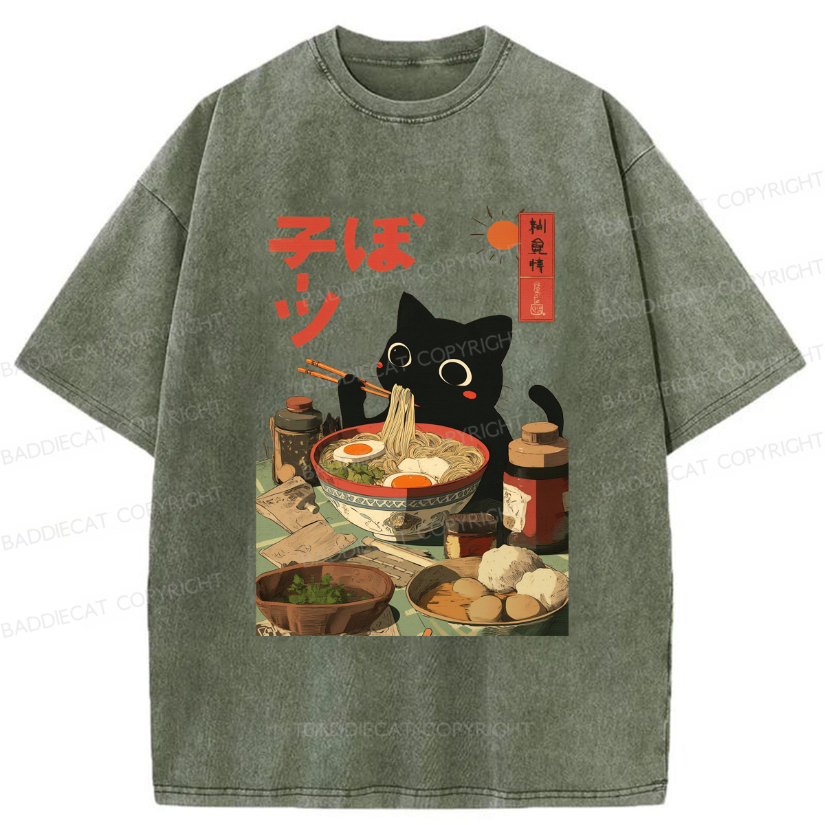 Baddiecat Japanese Black Cat Ramen Washed T-shirt