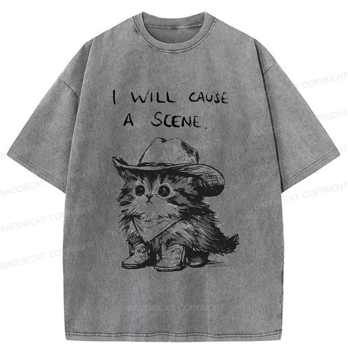 Baddiecat Funny Cowboy Cat Washed T-shirt