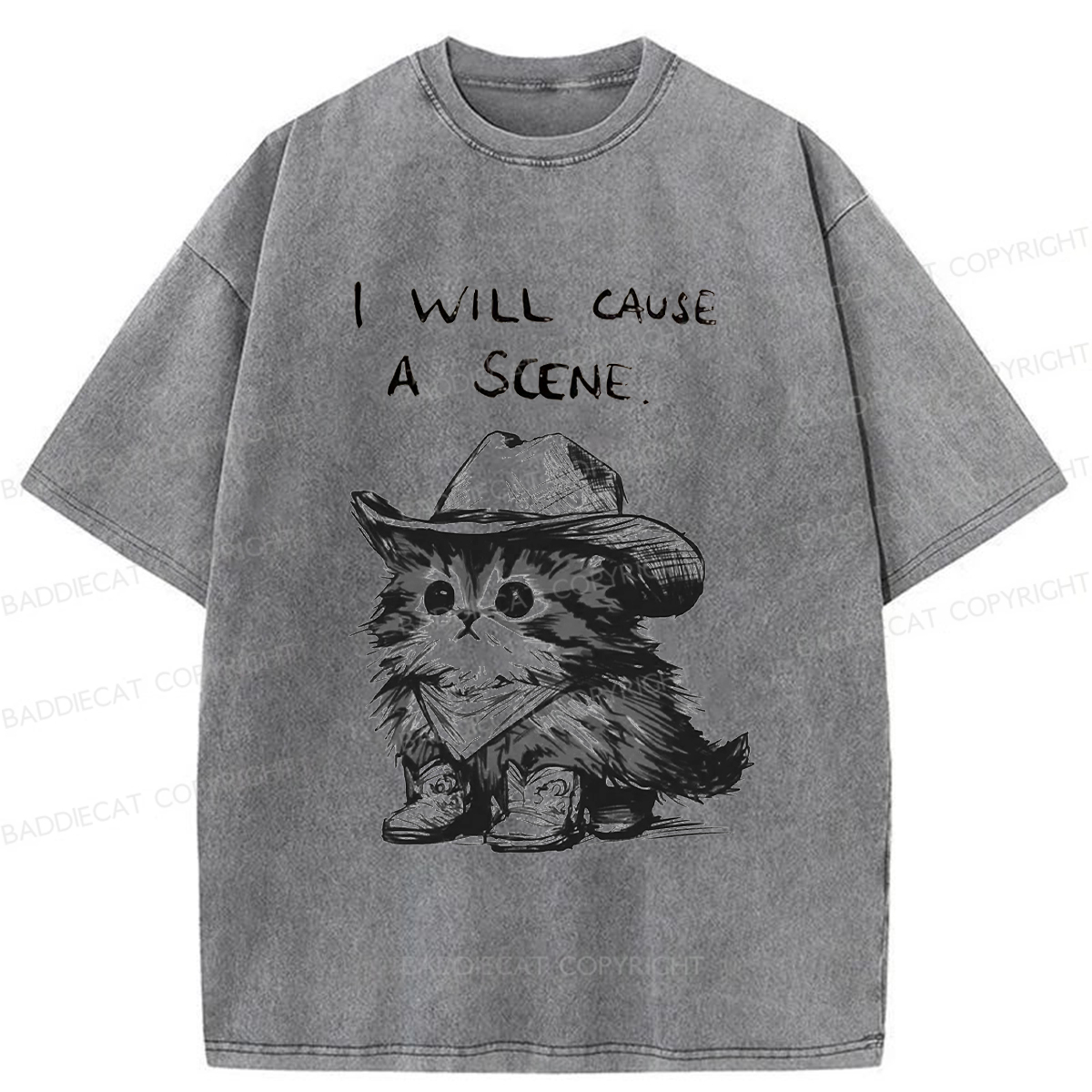 Baddiecat Funny Cowboy Cat Washed T-shirt