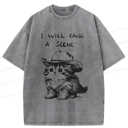 Baddiecat Funny Cowboy Cat Washed T-shirt