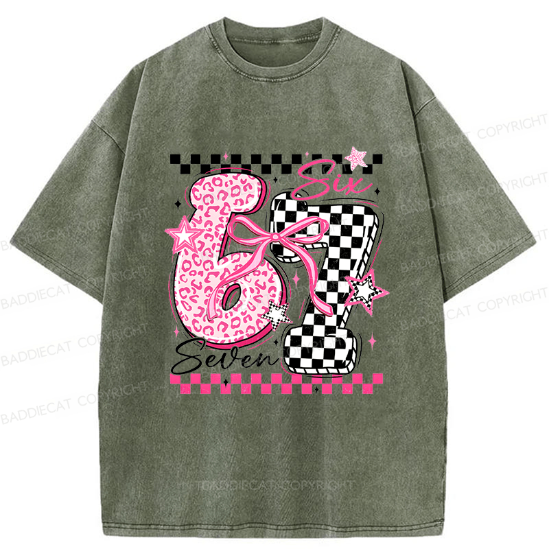 Baddiecat Y2K Groovy Pink Cheetah Checkerboard Six Seven Washed T-shirt