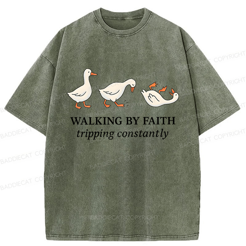 Baddiecat Walking by Faith Tripping Constantly Inspirational Washed T-shirt