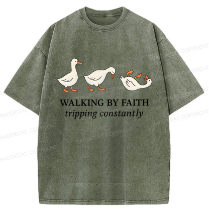 Baddiecat Walking by Faith Tripping Constantly Inspirational Washed T-shirt