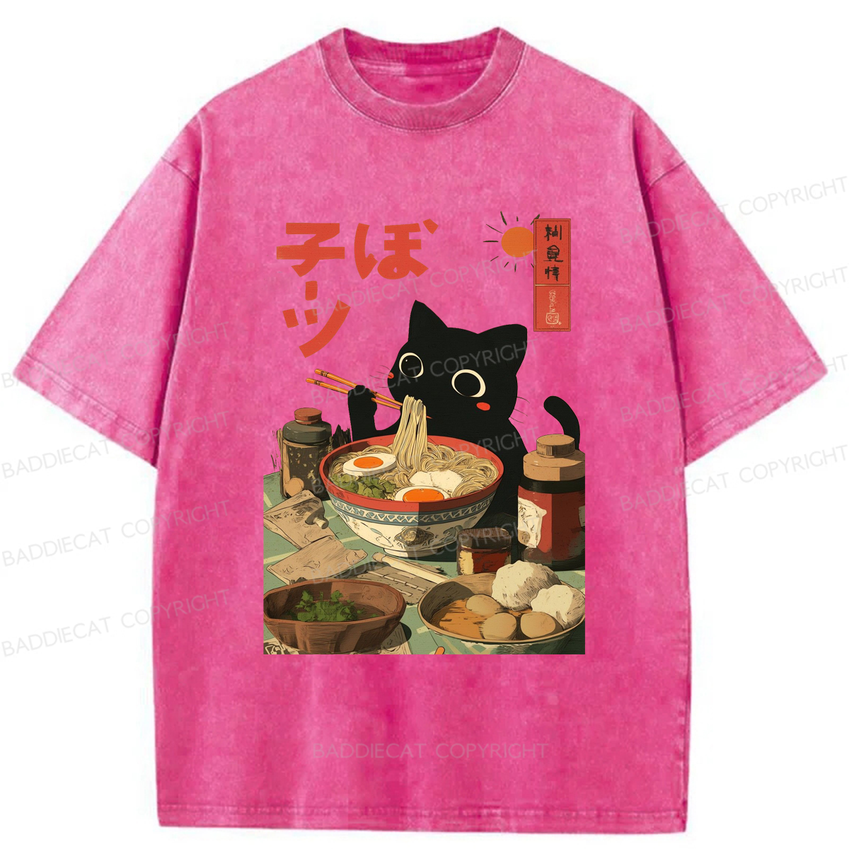 Baddiecat Japanese Black Cat Ramen Washed T-shirt