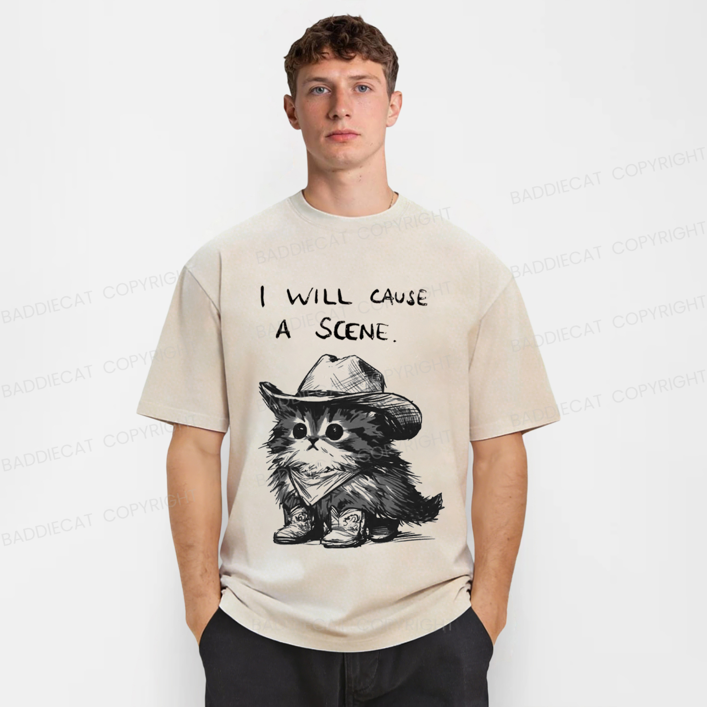 Baddiecat Funny Cowboy Cat Washed T-shirt