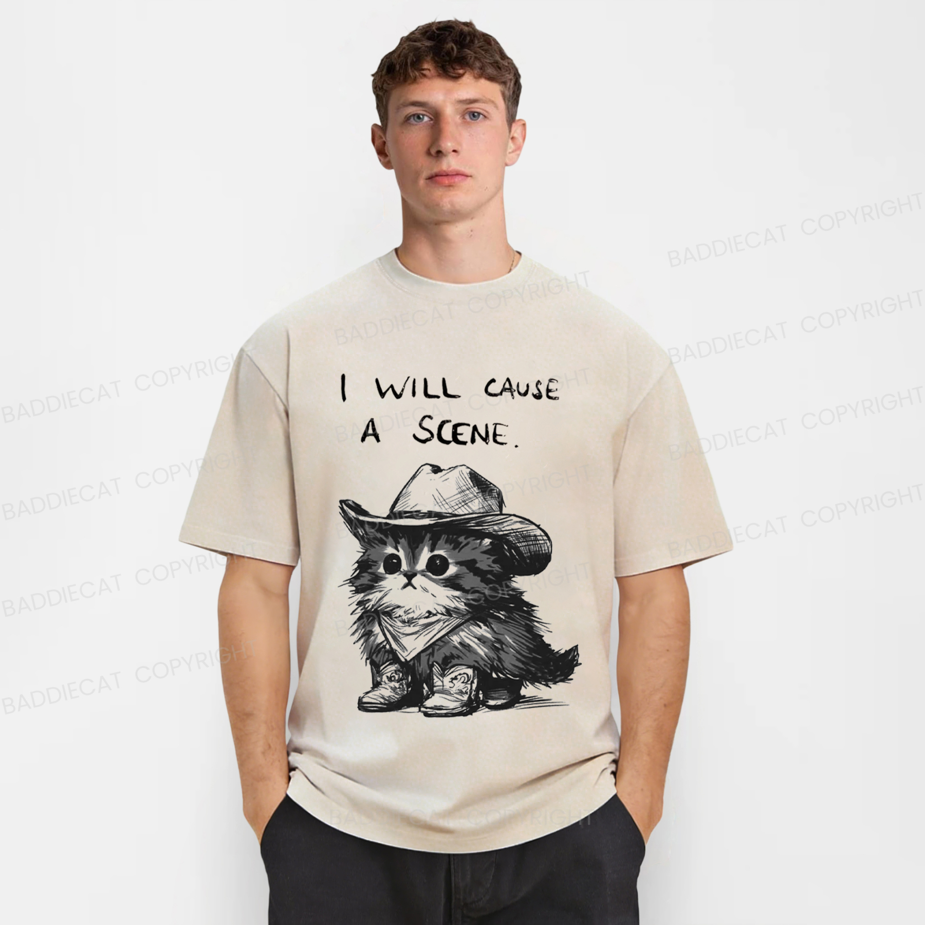 Baddiecat Funny Cowboy Cat Washed T-shirt