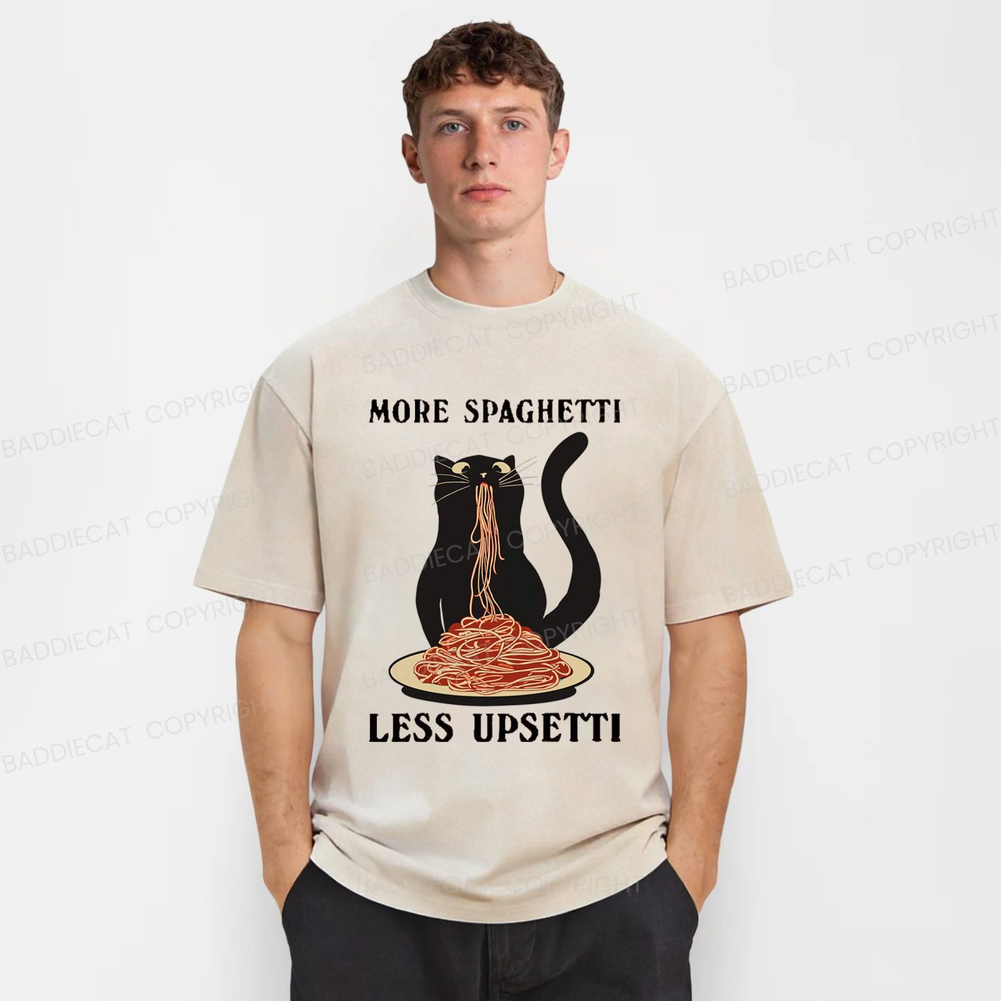 Baddiecat Cat Eat Pasta Washed T-shirt