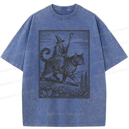 Baddiecat Funny Wizard Cat Rider Washed T-shirt
