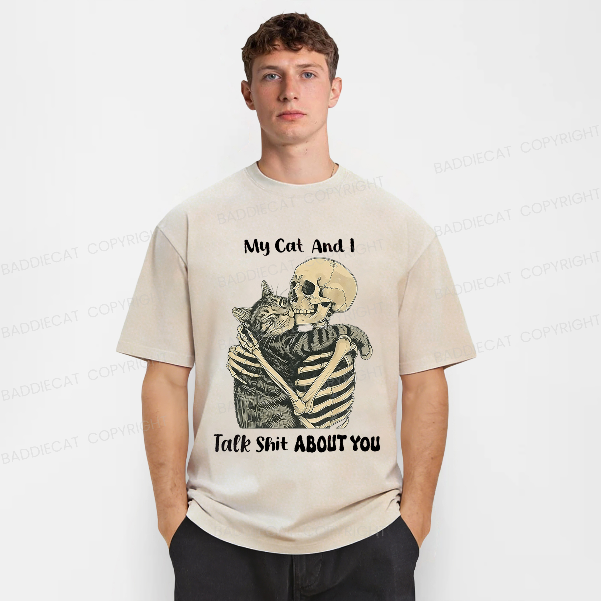 Baddiecat Skull Who Loves Cats Washed T-shirt