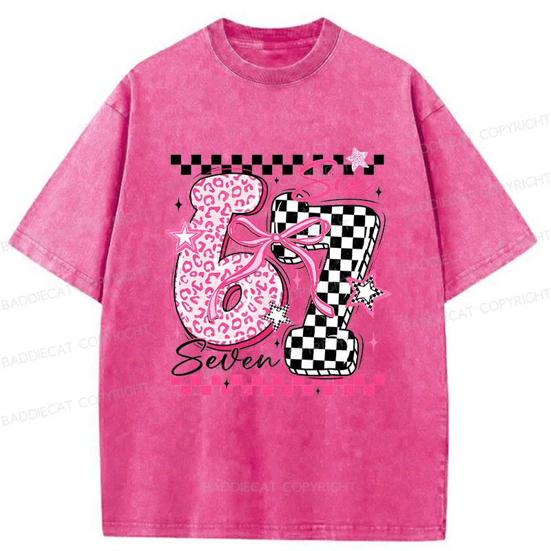 Baddiecat Y2K Groovy Pink Cheetah Checkerboard Six Seven Washed T-shirt