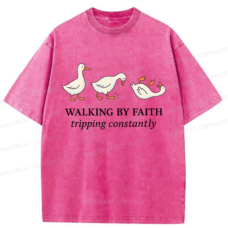Baddiecat Walking by Faith Tripping Constantly Inspirational Washed T-shirt