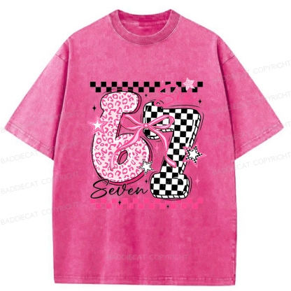 Baddiecat Y2K Groovy Pink Cheetah Checkerboard Six Seven Washed T-shirt