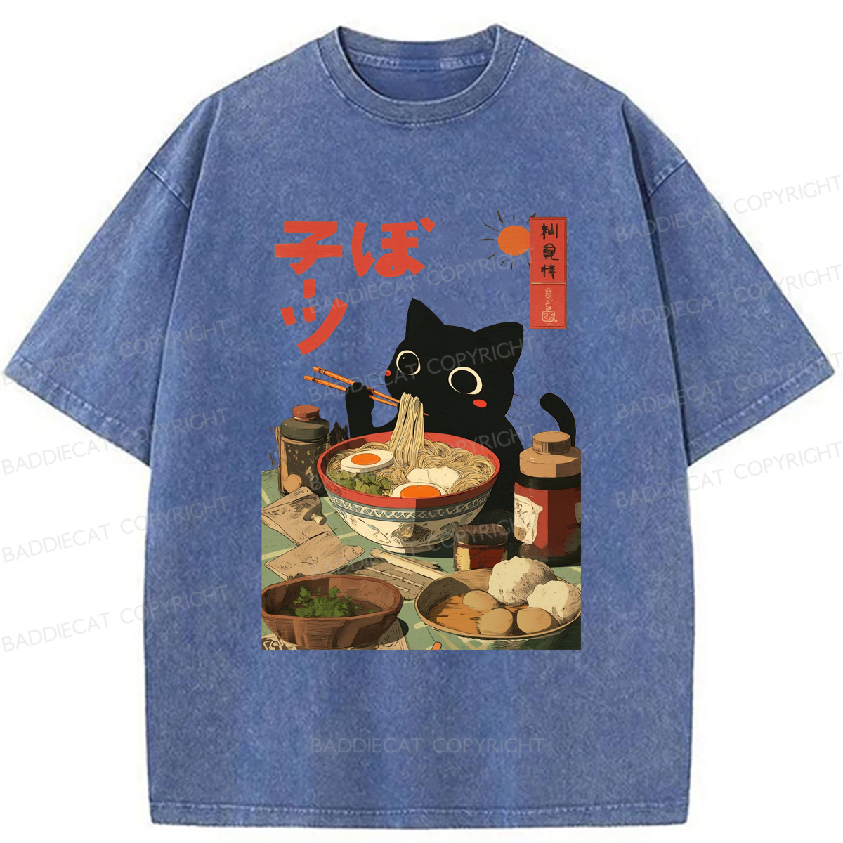 Baddiecat Japanese Black Cat Ramen Washed T-shirt
