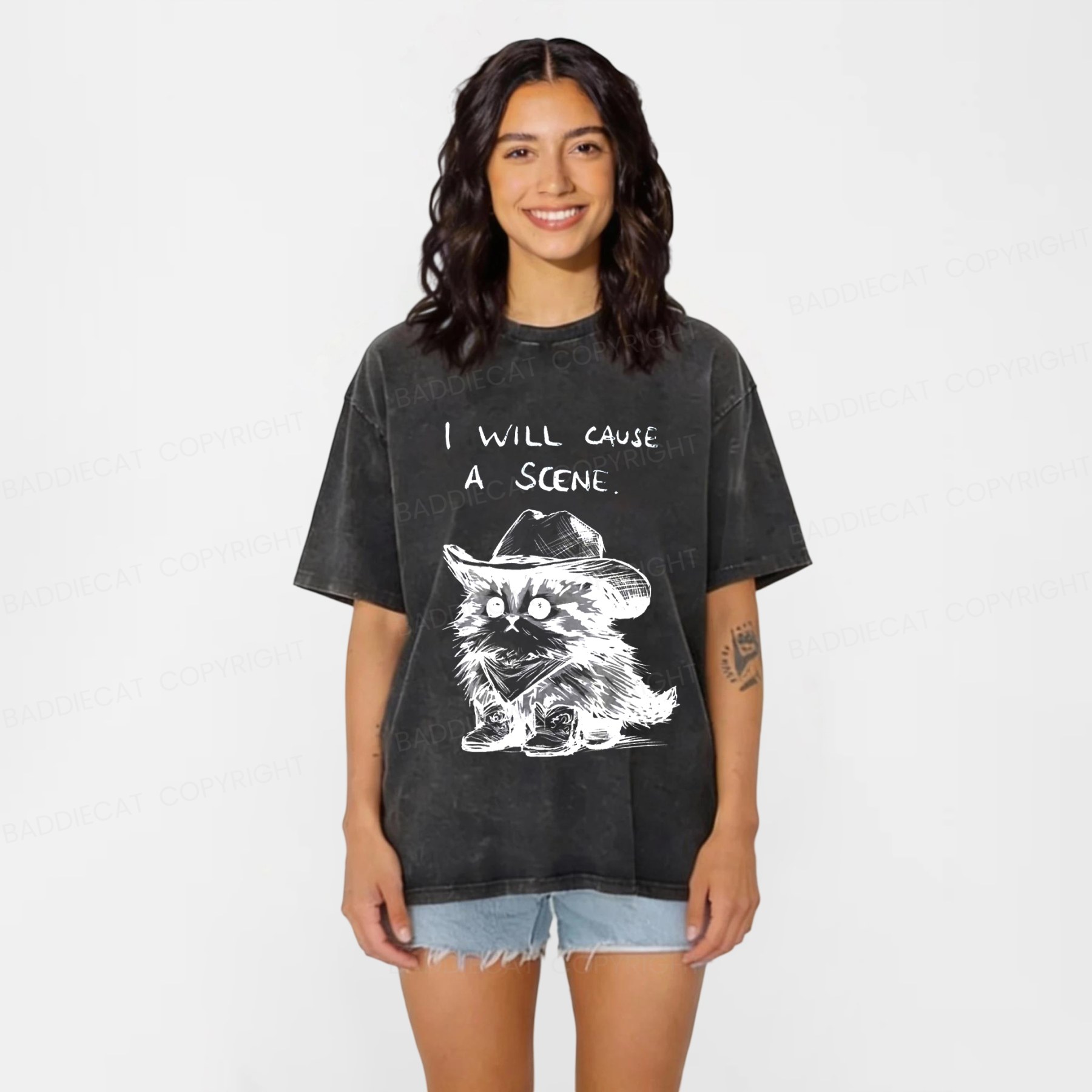 Baddiecat Funny Cowboy Cat Washed T-shirt