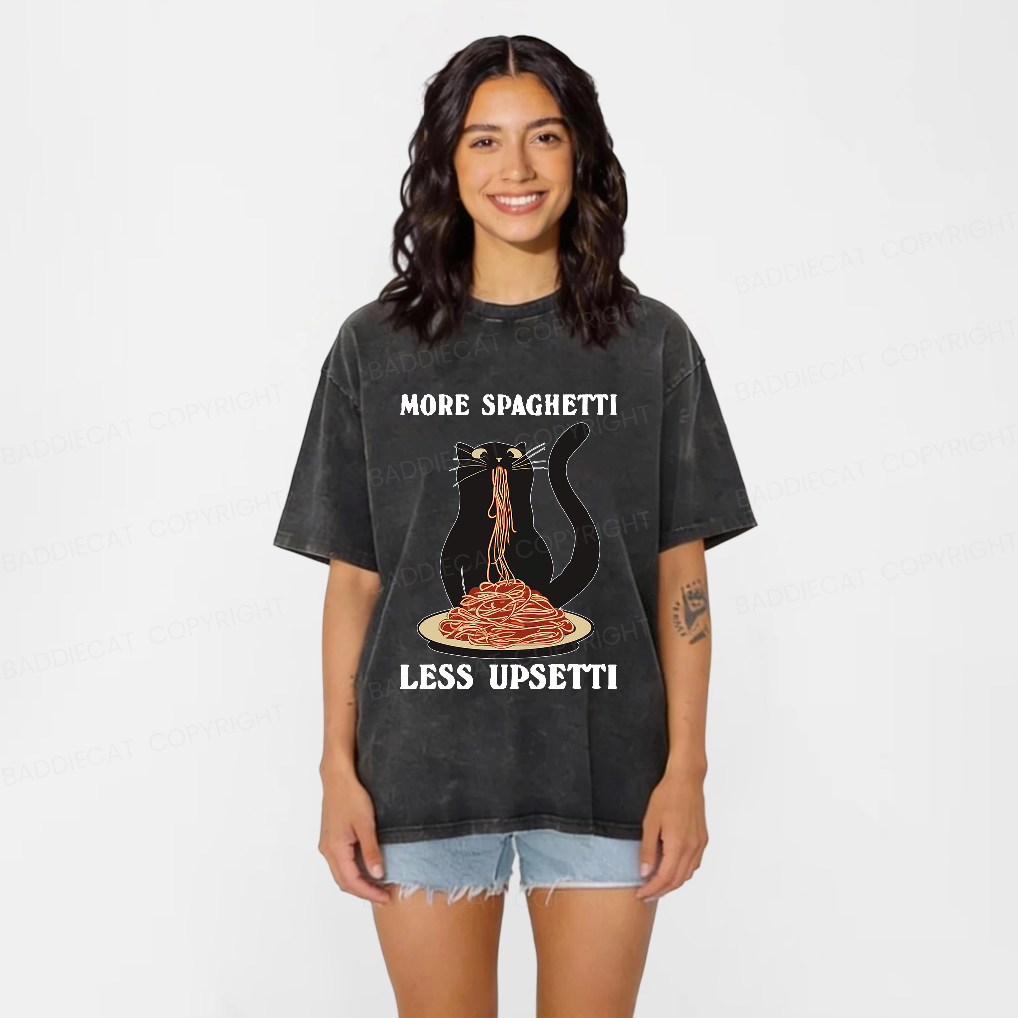 Baddiecat Cat Eat Pasta Washed T-shirt