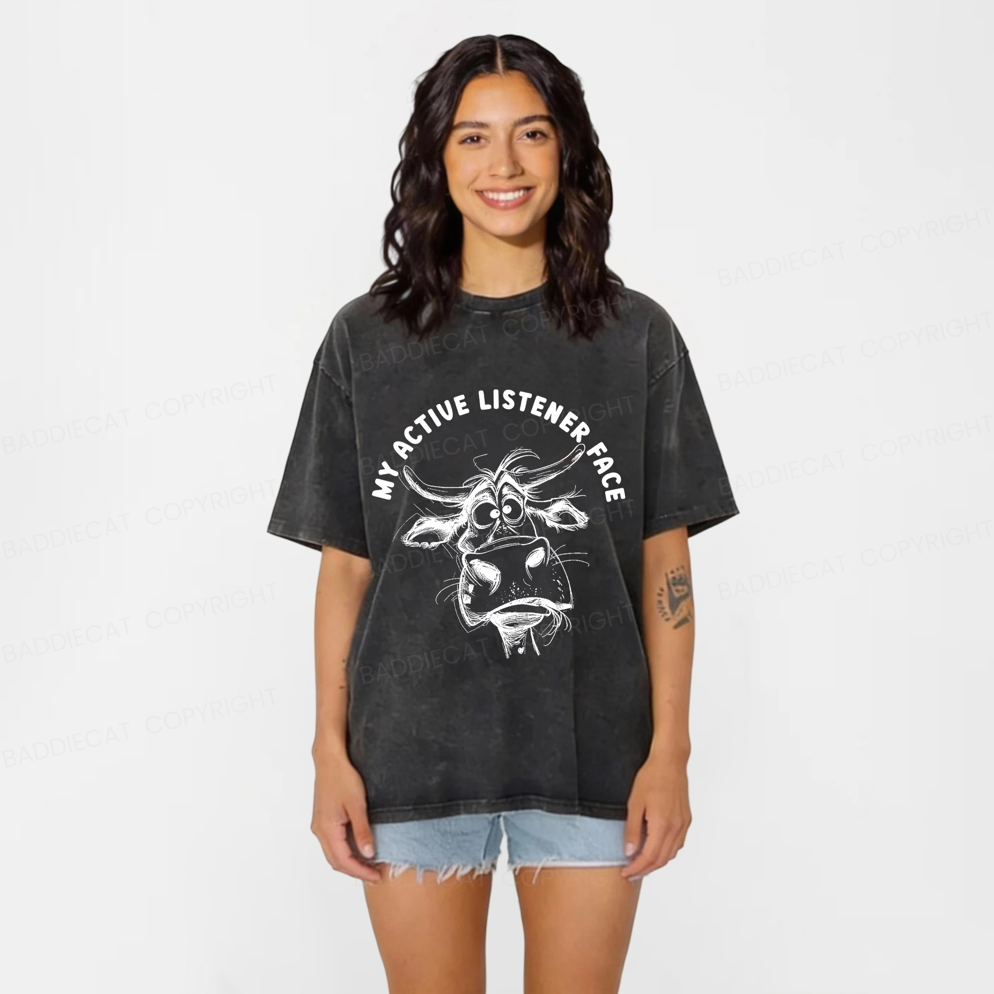 Baddiecat My Active Listener Face Washed T-shirt