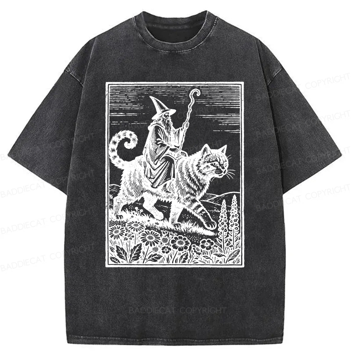 Baddiecat Funny Wizard Cat Rider Washed T-shirt