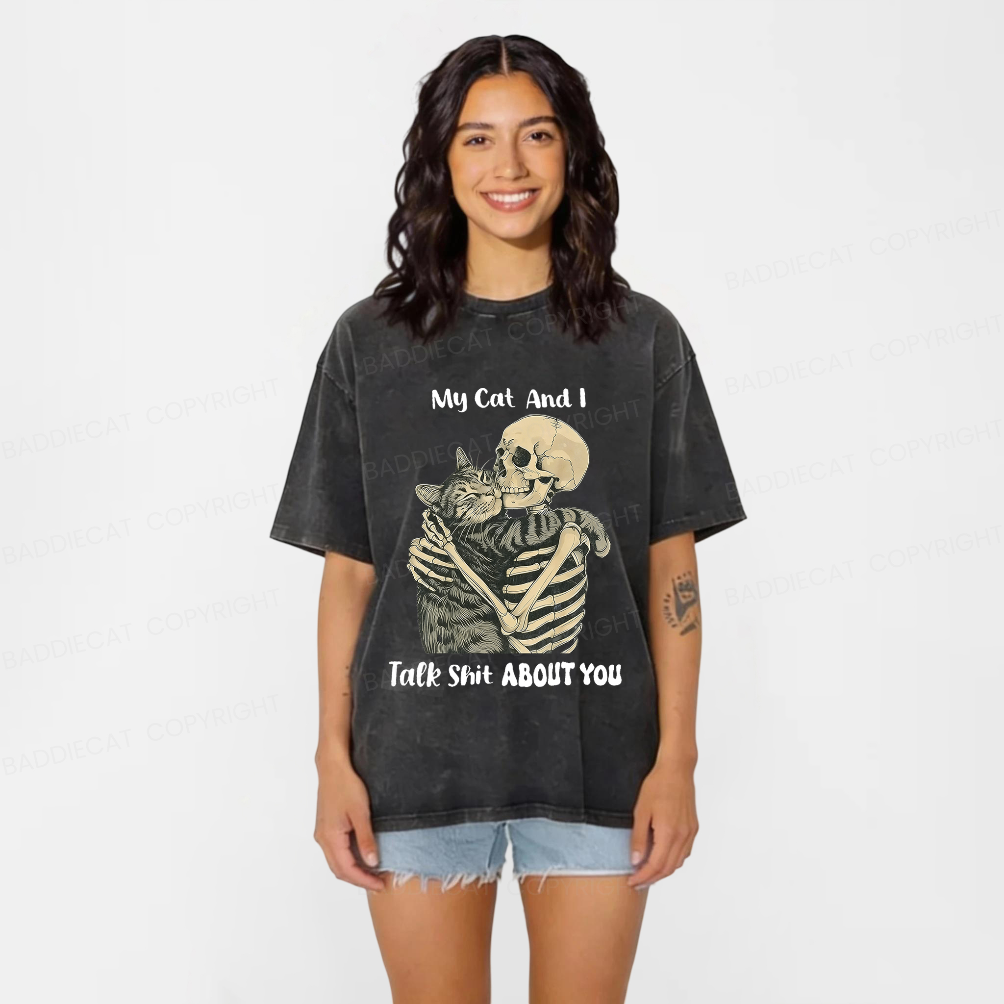 Baddiecat Skull Who Loves Cats Washed T-shirt