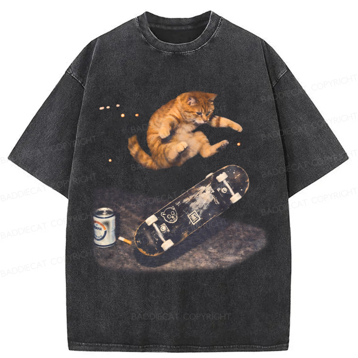 Baddiecat Skateboarding Cat Washed T-shirt