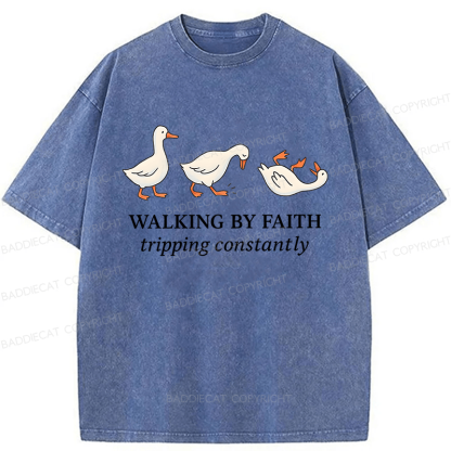 Baddiecat Walking by Faith Tripping Constantly Inspirational Washed T-shirt