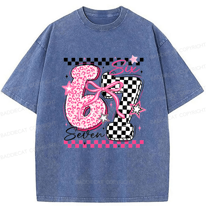 Baddiecat Y2K Groovy Pink Cheetah Checkerboard Six Seven Washed T-shirt