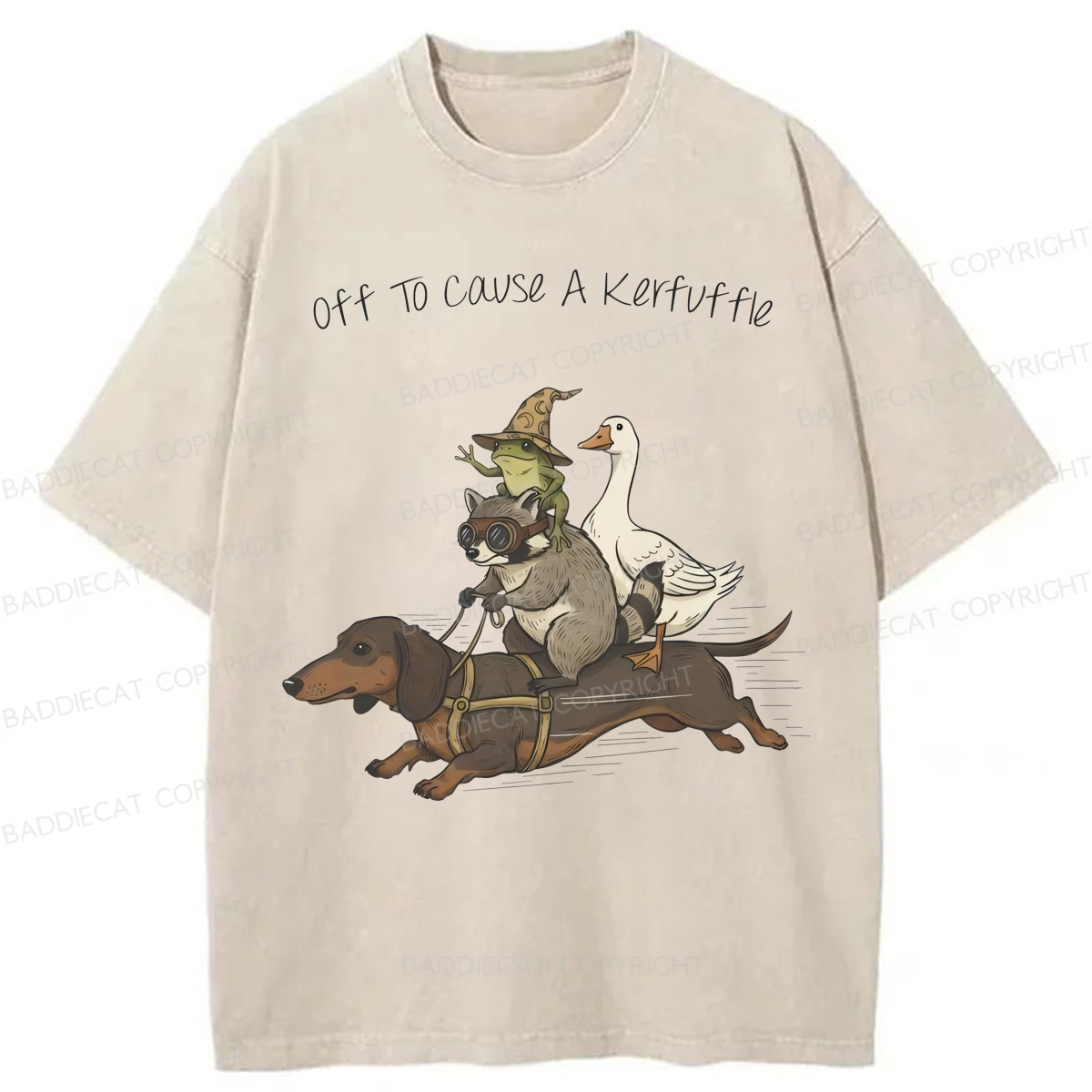 Baddiecat Funny Dachshund-Frog Off To Cause A Kerfuffle Washed T-shirt