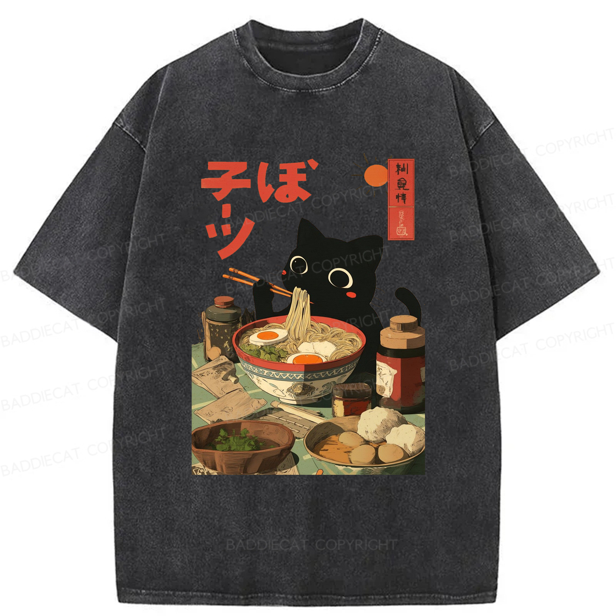 Baddiecat Japanese Black Cat Ramen Washed T-shirt