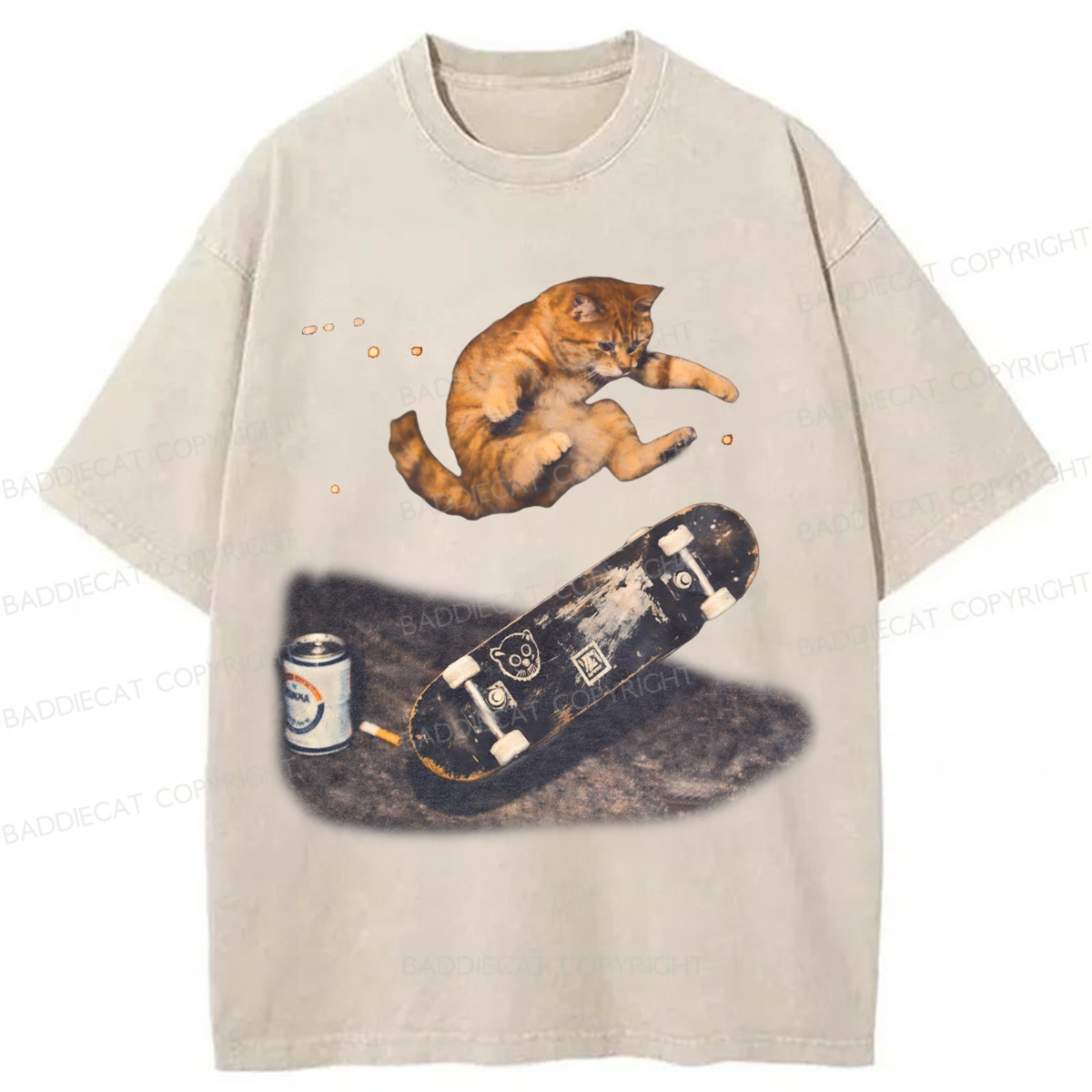 Baddiecat Skateboarding Cat Washed T-shirt