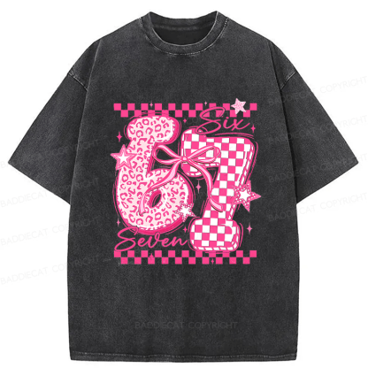 Baddiecat Y2K Groovy Pink Cheetah Checkerboard Six Seven Washed T-shirt